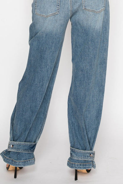 Adjustable Hem Knit Band Wide Leg Jeans