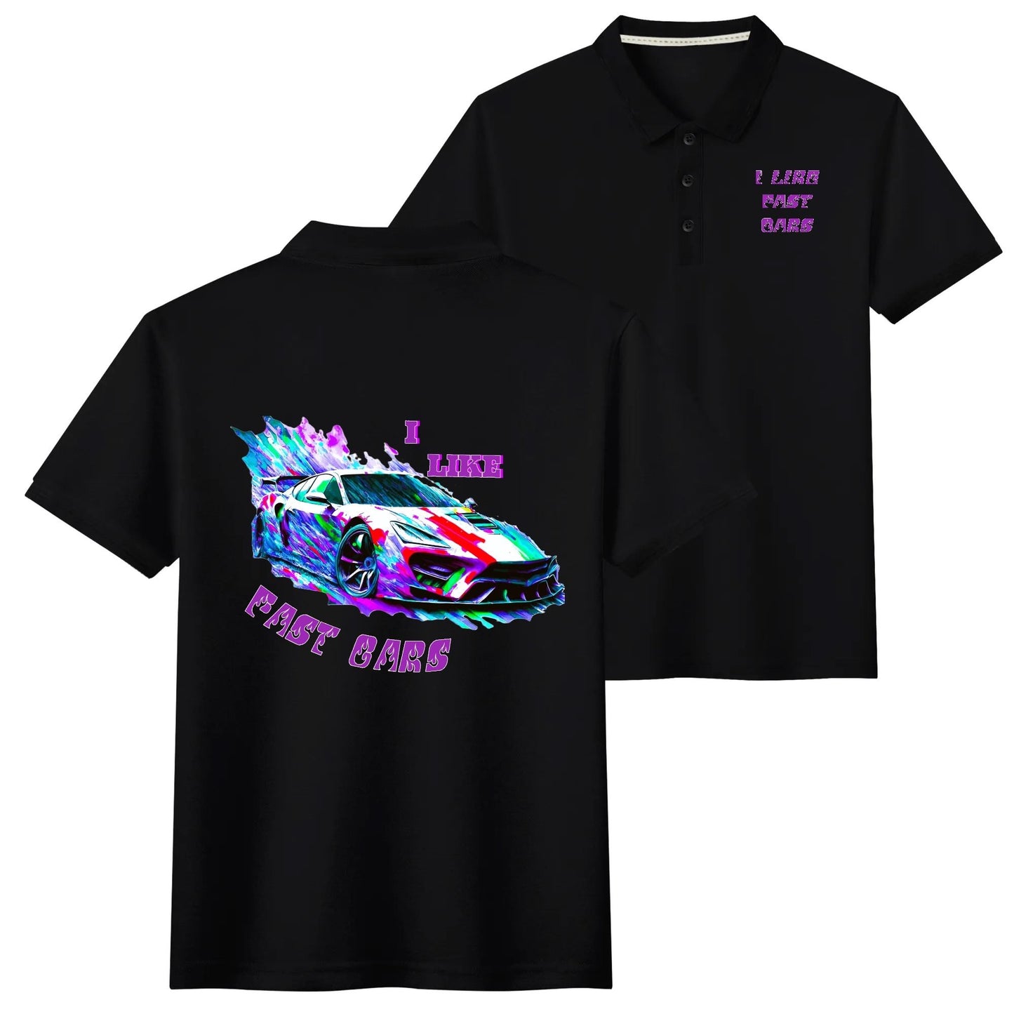 Men's I Like Fast Cars Front & Back Printing Black Polo Shirt