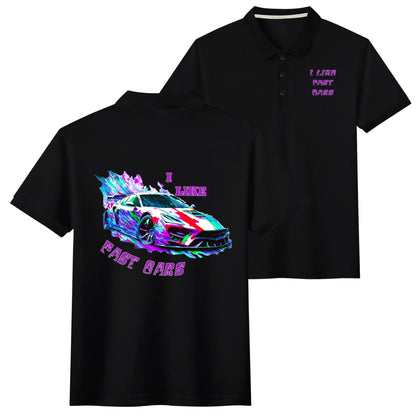 Men's I Like Fast Cars Front & Back Printing Black Polo Shirt