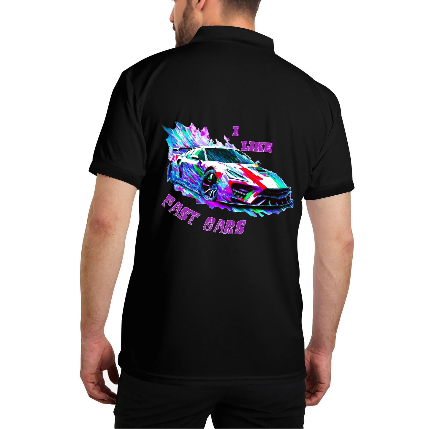 Men's I Like Fast Cars Front & Back Printing Black Polo Shirt