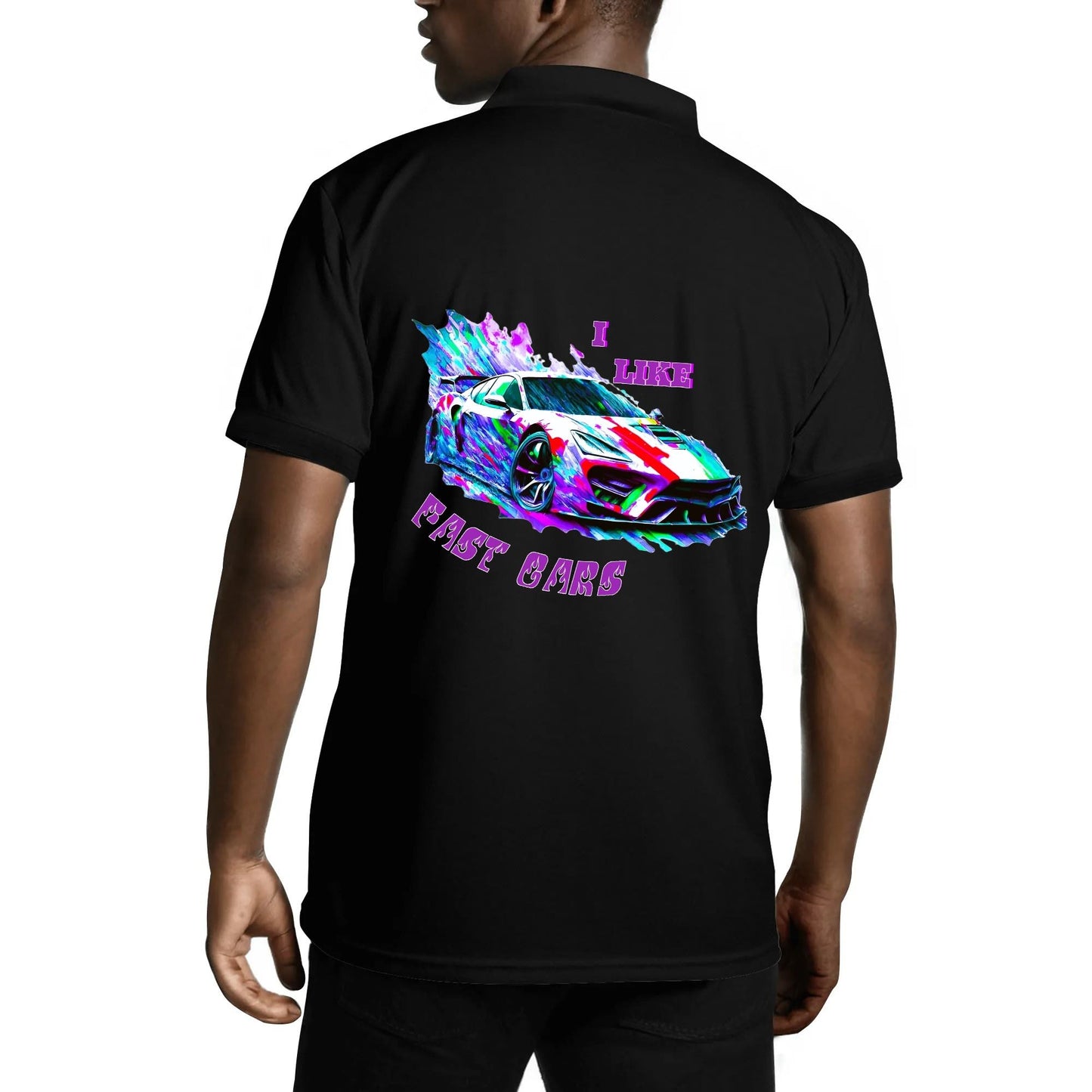 Men's I Like Fast Cars Front & Back Printing Black Polo Shirt