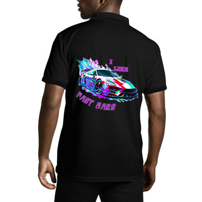 Men's I Like Fast Cars Front & Back Printing Black Polo Shirt