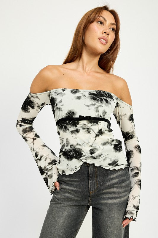 Women's Off the Shoulder Black & White Top with Lettuce Hem