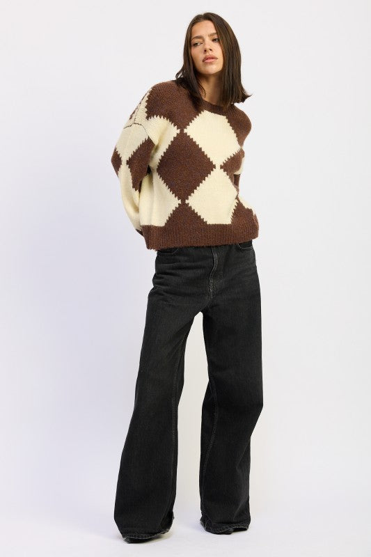 Brown Two Tone Argyle Oversized Sweater for Women