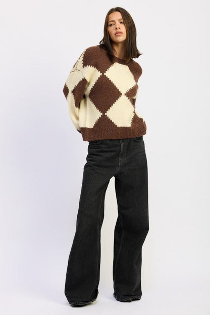 Brown Two Tone Argyle Oversized Sweater for Women