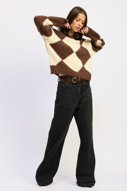 Brown Two Tone Argyle Oversized Sweater for Women