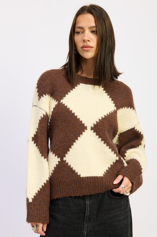 Brown Two Tone Argyle Oversized Sweater for Women