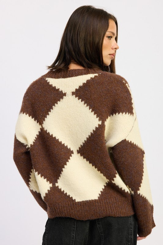Brown Two Tone Argyle Oversized Sweater for Women