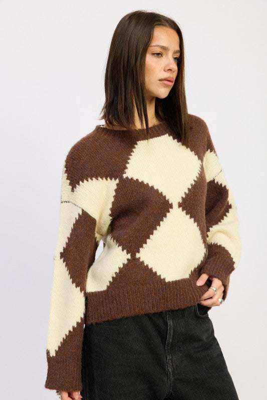 Brown Two Tone Argyle Oversized Sweater for Women