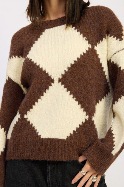 Brown Two Tone Argyle Oversized Sweater for Women