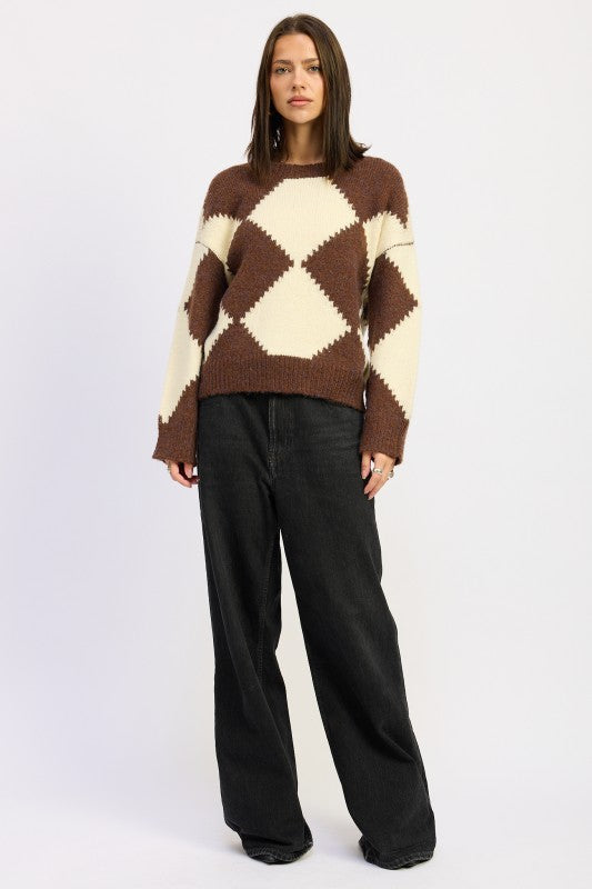 Brown Two Tone Argyle Oversized Sweater for Women