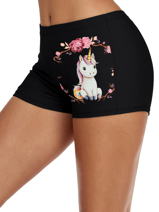 Baby Unicorn with Pink Roses Boxer Brief Boyshorts for Women (Made in USA)