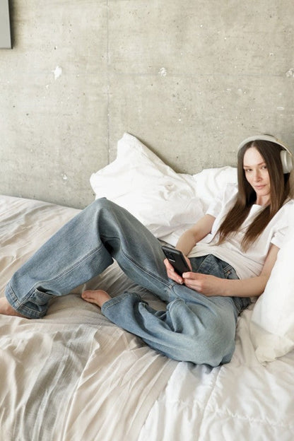 Adjustable Hem Knit Band Wide Leg Jeans