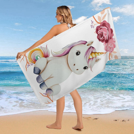 Baby Unicorn with Pink Roses Beach Towel - 61.4" x 30.3