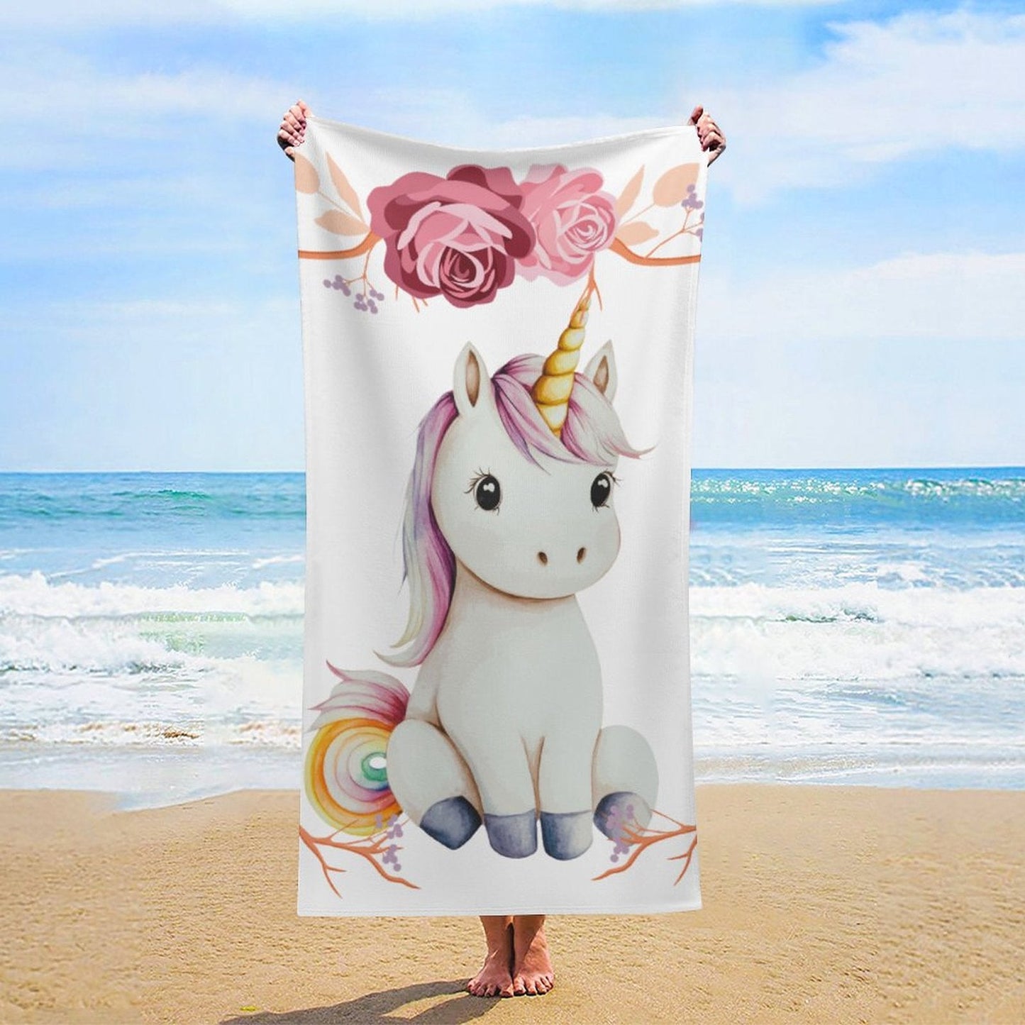 Baby Unicorn with Pink Roses Beach Towel - 61.4" x 30.3