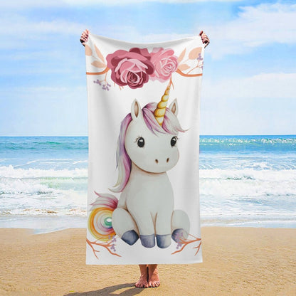 Baby Unicorn with Pink Roses Beach Towel - 61.4" x 30.3