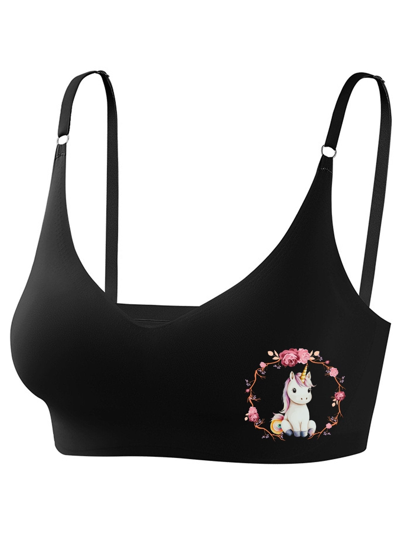 Baby Unicorn with Pink Roses Seamless Bra for Women (Front Printing)