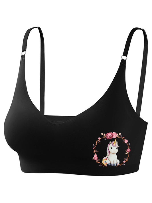 Baby Unicorn with Pink Roses Seamless Bra for Women (Front Printing)