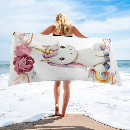 Baby Unicorn with Pink Roses Beach Towel - 61.4" x 30.3