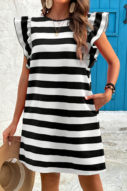 Black & White Striped Flutter Sleeve Dress