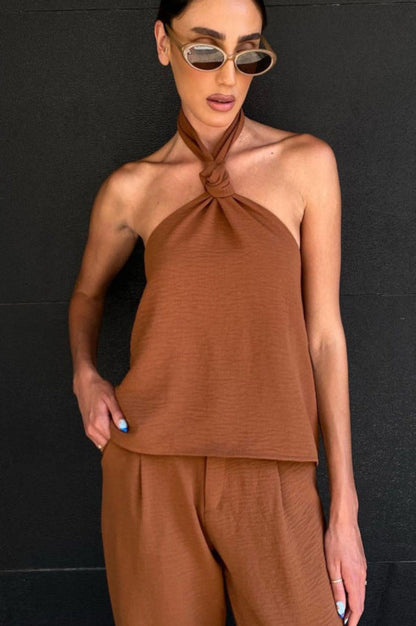 High Waist Brown Trouser Set