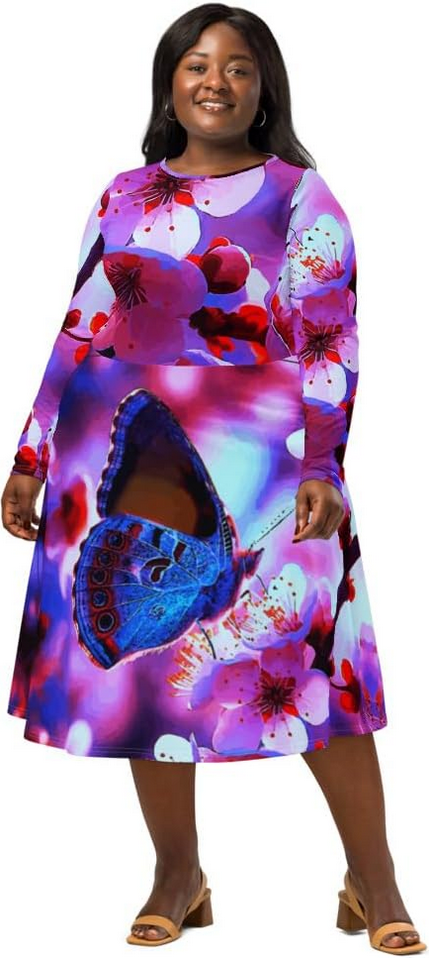 Beautiful Butterfly with Cherry Blossoms Printed Long Sleeve Midi Dress