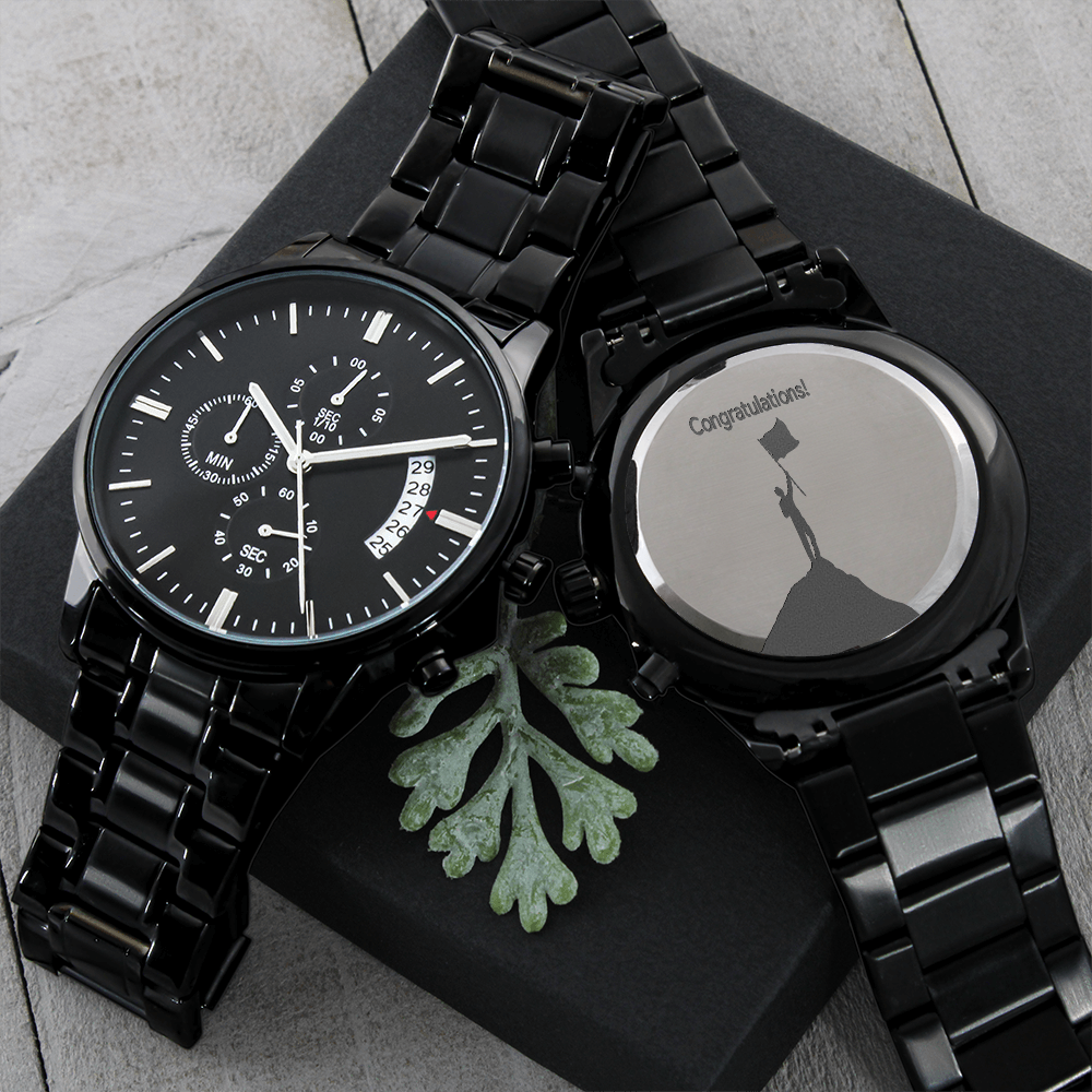Congratulations on Your Achievement Engraved Design Black Chronograph Watch