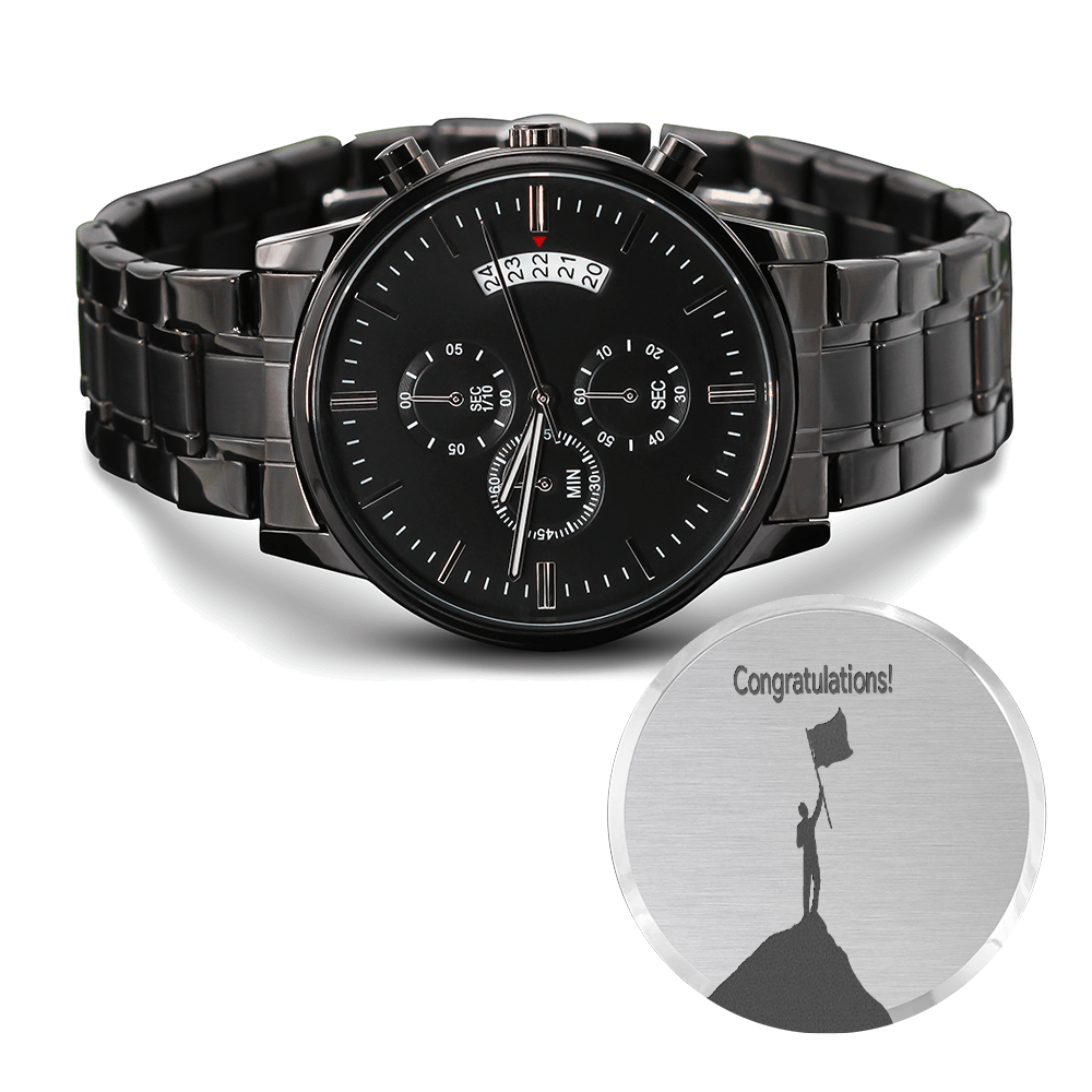 Congratulations on Your Achievement Engraved Design Black Chronograph Watch