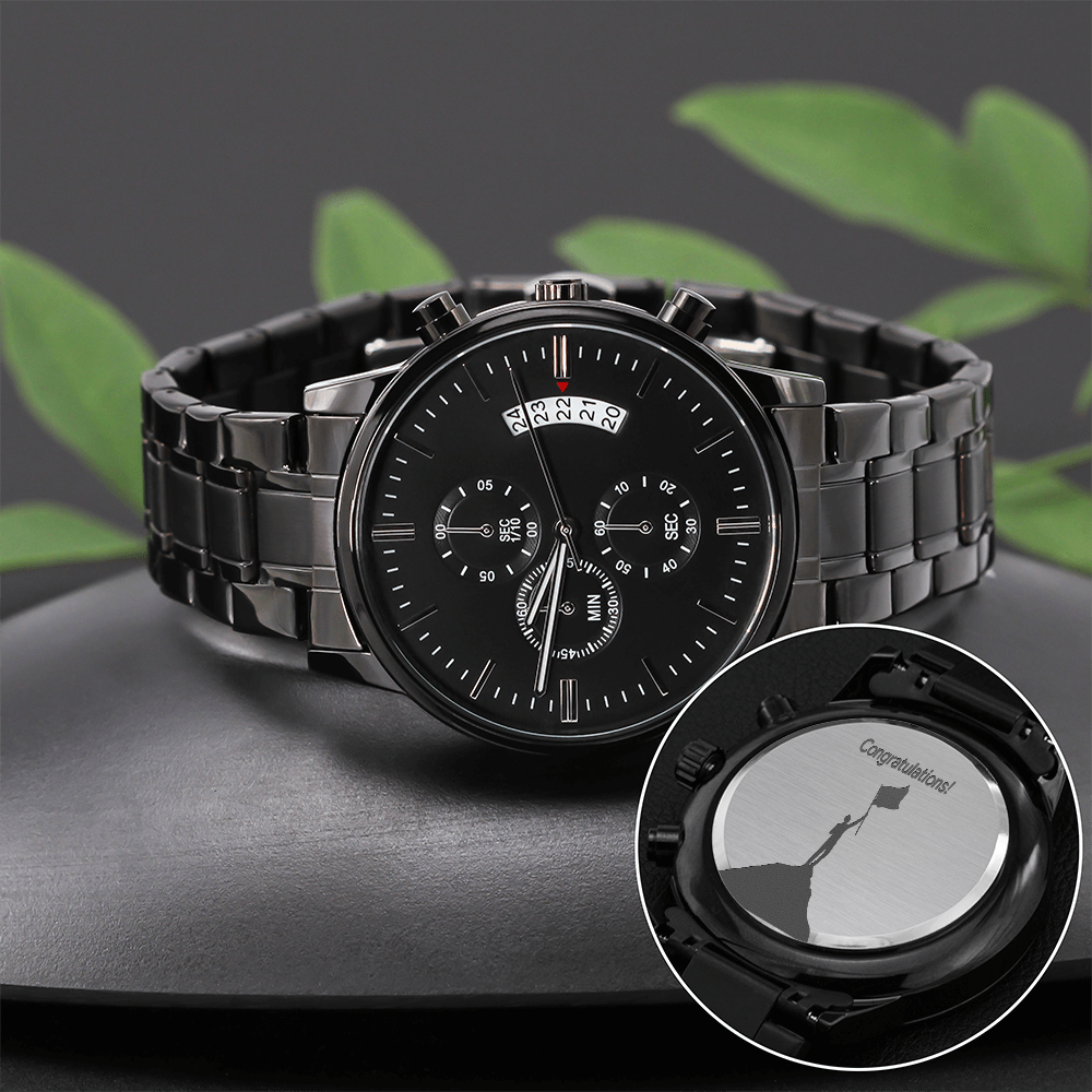 Congratulations on Your Achievement Engraved Design Black Chronograph Watch