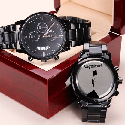 Congratulations on Your Achievement Engraved Design Black Chronograph Watch