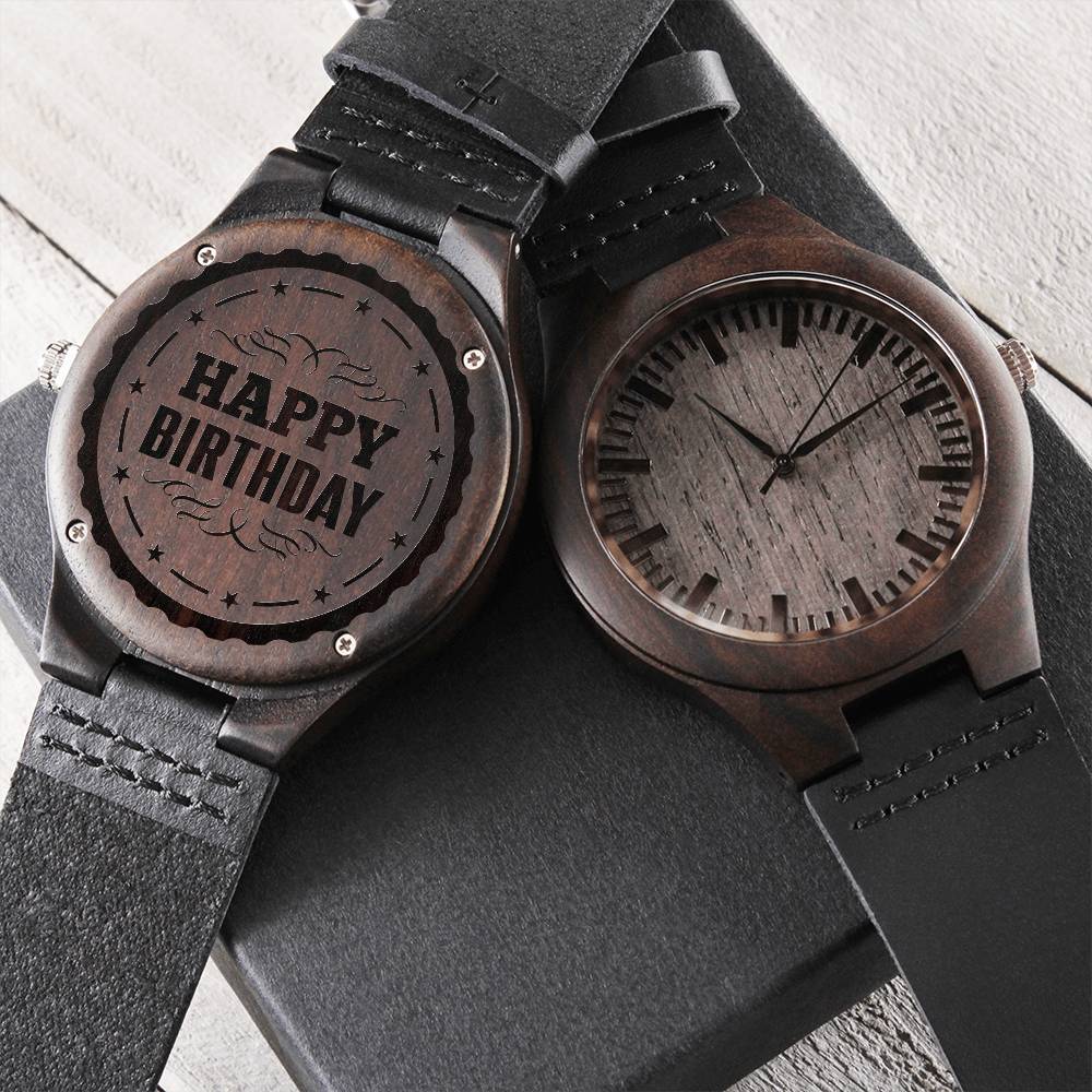 Happy Birthday Engraved Wooden Watch & Leather Band