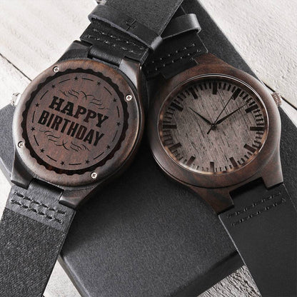 Happy Birthday Engraved Wooden Watch & Leather Band