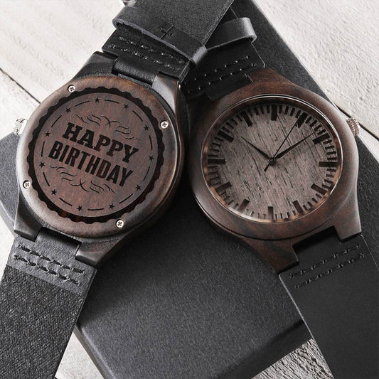 Happy Birthday Engraved Wooden Watch & Leather Band