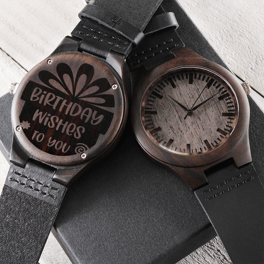 Birthday Wishes to You Engraved Wooden Watch with Leather Strap
