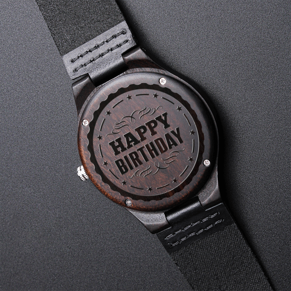 Happy Birthday Engraved Wooden Watch & Leather Band
