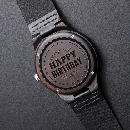 Happy Birthday Engraved Wooden Watch & Leather Band