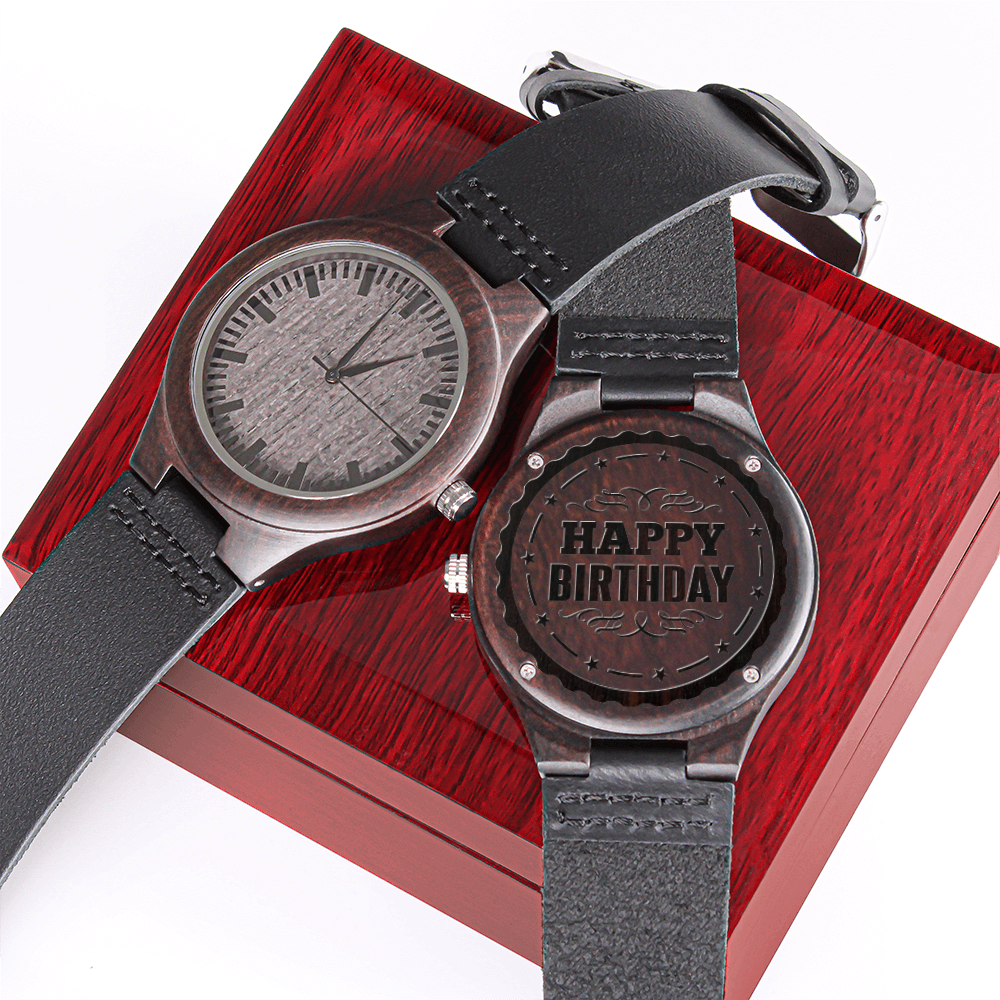 Happy Birthday Engraved Wooden Watch & Leather Band