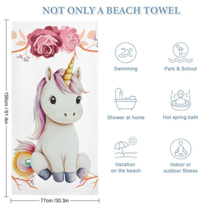 Baby Unicorn with Pink Roses Beach Towel - 61.4" x 30.3