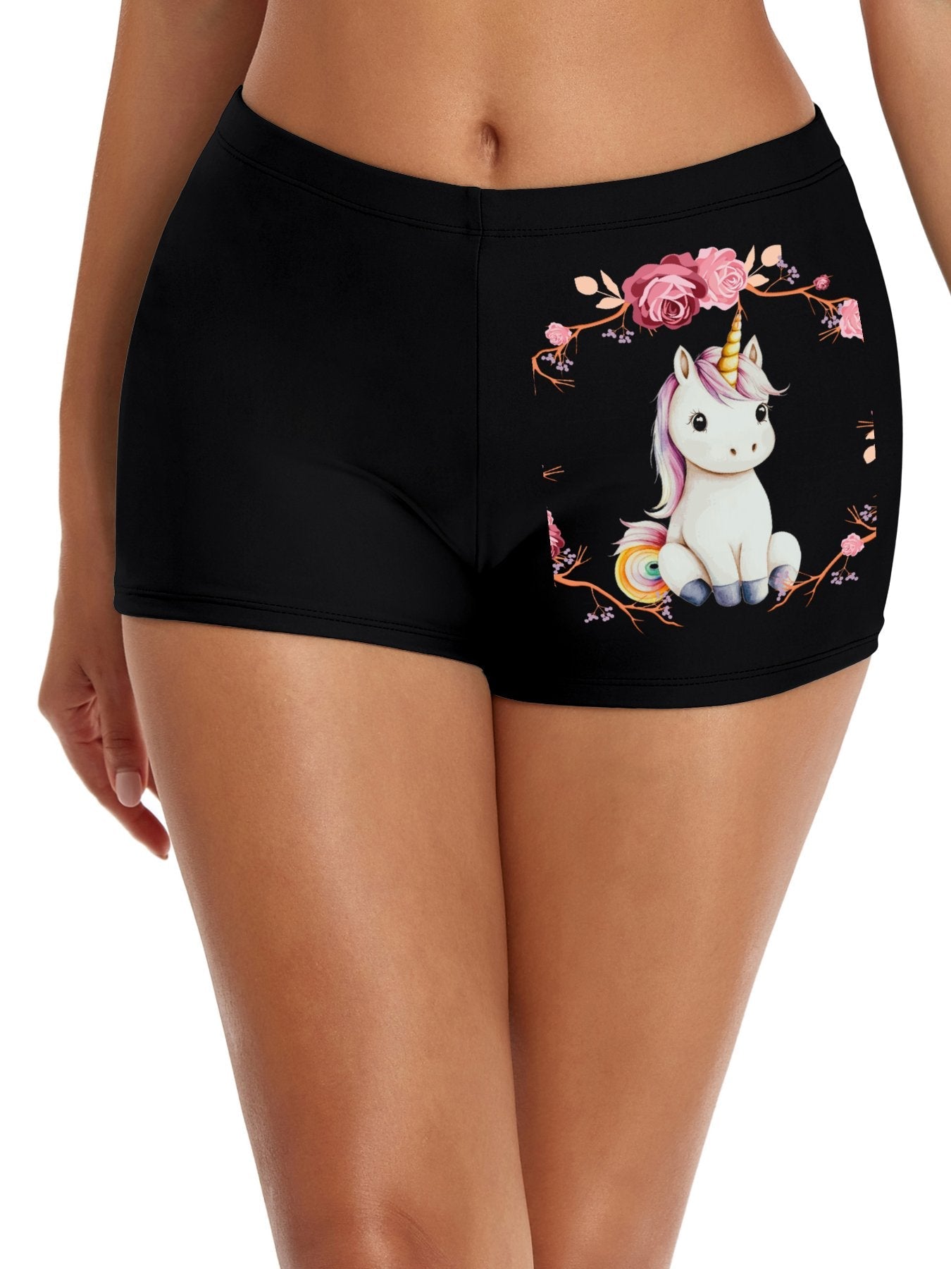 Baby Unicorn with Pink Roses Boxer Brief Boyshorts for Women (Made in USA)