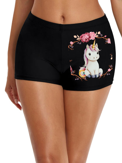 Baby Unicorn with Pink Roses Boxer Brief Boyshorts for Women (Made in USA)