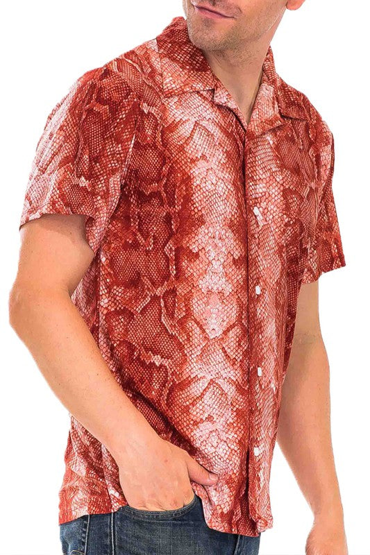 Men's Red Snake Skin Print Button Down Shirt