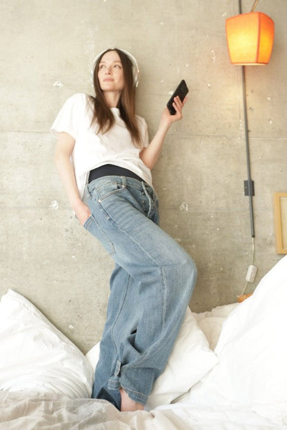 Adjustable Hem Knit Band Wide Leg Jeans